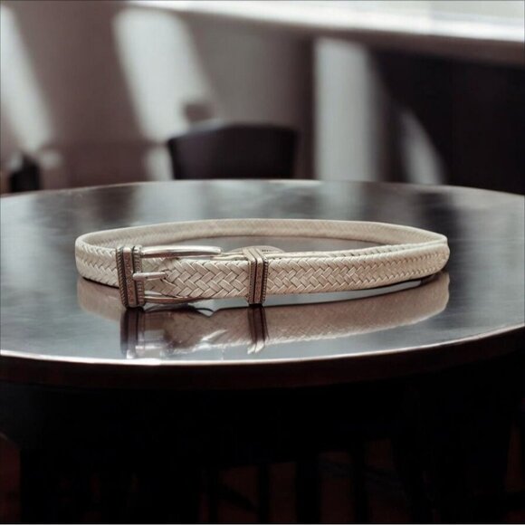 Talbots Women's White Woven Belt Size M Braided Leather Silver Buckle - Picture 1 of 9